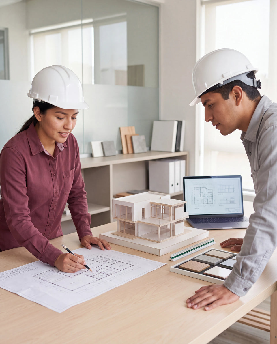 Estudiantes de Construcción y Arquitectura revisando planos y una maqueta arquitectónica en un espacio de formación técnica.