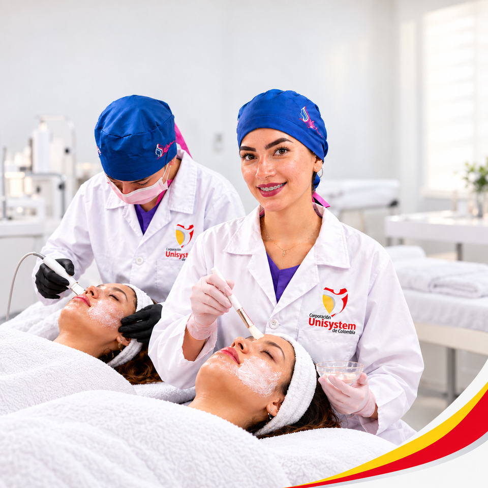 Estudiantes de Unisystem realizando prácticas de cuidado facial en un ambiente de cosmetología.