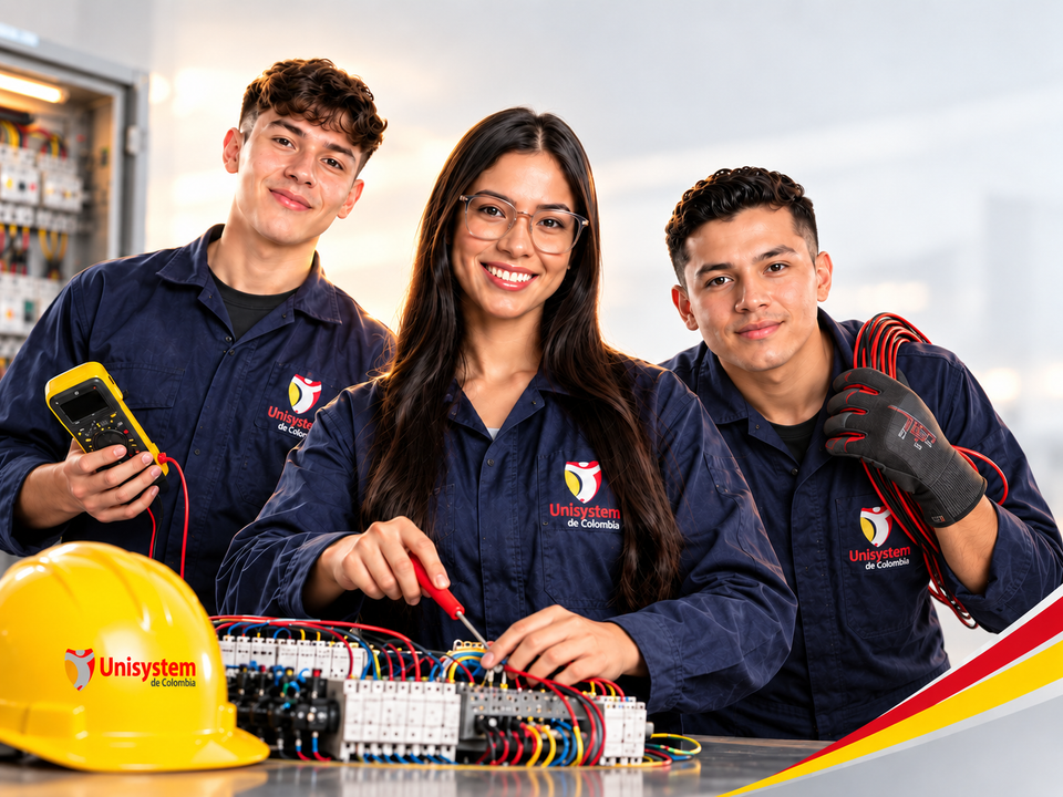 Tres estudiantes de Unisystem con un multímetro y elementos de práctica de electricidad industrial, en un encuadre que muestra sus cabezas completas.