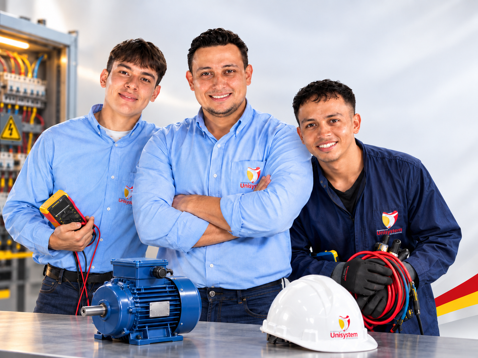 Tres integrantes de Unisystem con elementos de medición y un motor de práctica de electromecánica, sobre un fondo de taller discreto.