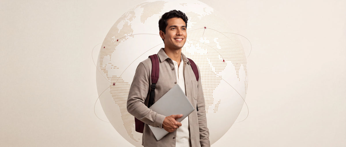 Joven con un computador frente a un globo que representa las oportunidades de aprender inglés.