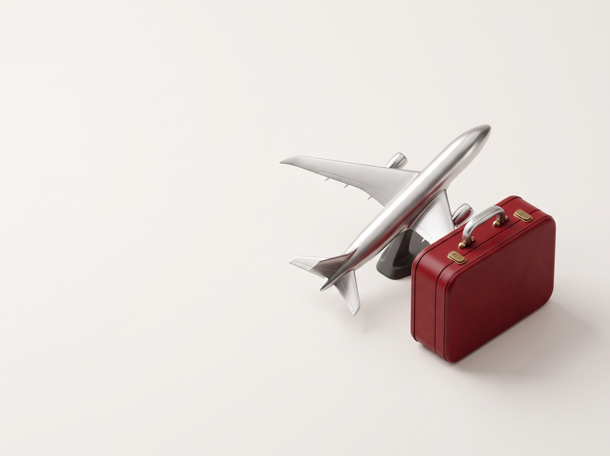 Ilustración 3D de un avión y una maleta, para practicar inglés al viajar.