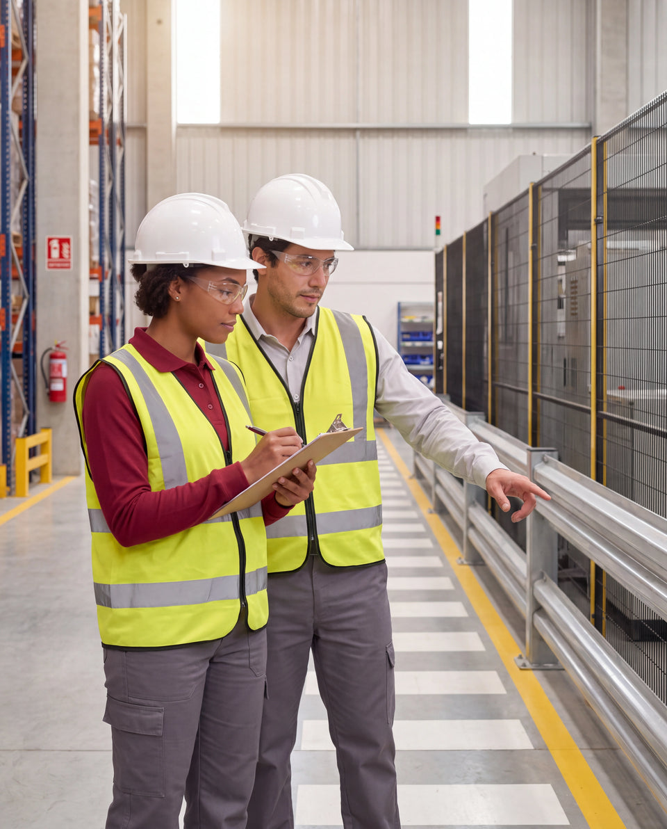Profesionales con casco, gafas y chaleco reflectivo realizan una inspección preventiva en un entorno industrial.
