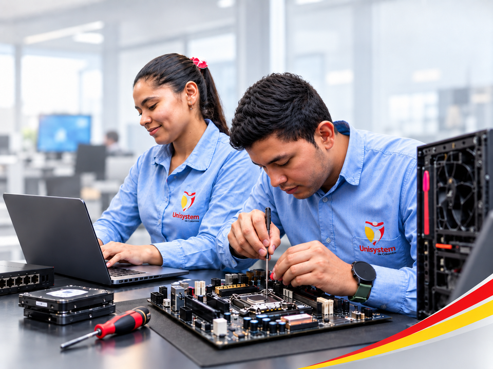 Dos estudiantes de Unisystem realizan diagnóstico y mantenimiento de computadores en una mesa de práctica.