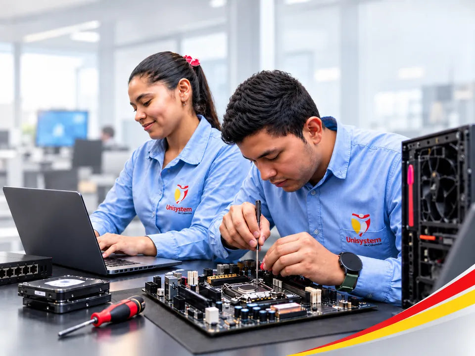 Dos estudiantes de Unisystem realizan diagnóstico y mantenimiento de computadores en una mesa de práctica.